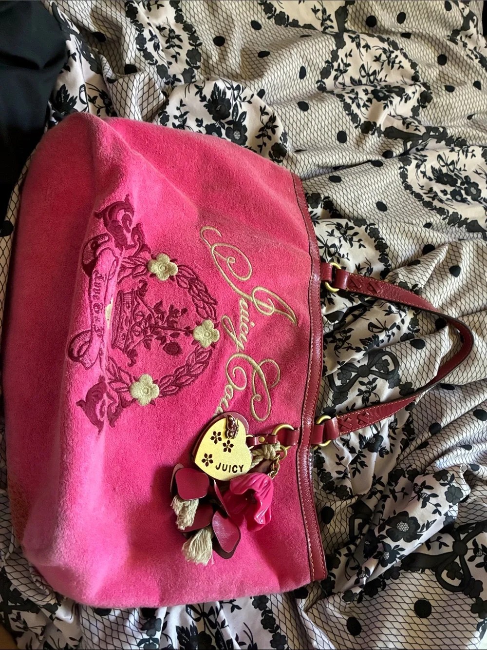 Juicy Couture Hot Pink Suede Tote with Gold Embroidery and Heart Charms